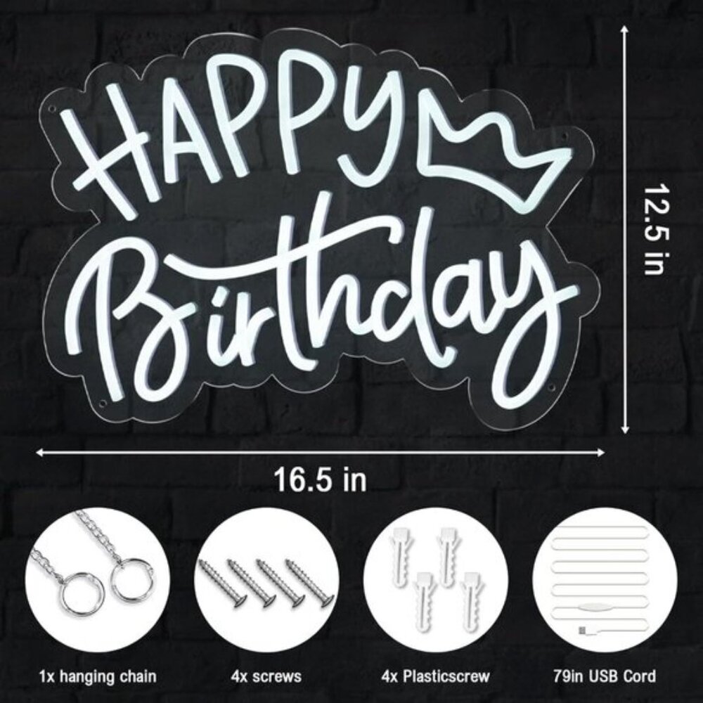 New Happy Birthday Neon Sign, Cool White LED USB Light for Party & Wall Decor - Picture 3 of 7
